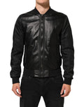 Dolce & gabbana blouson noir en cuir et nylon avec fermeture éclair intégrale et poignets côtelés brillants
