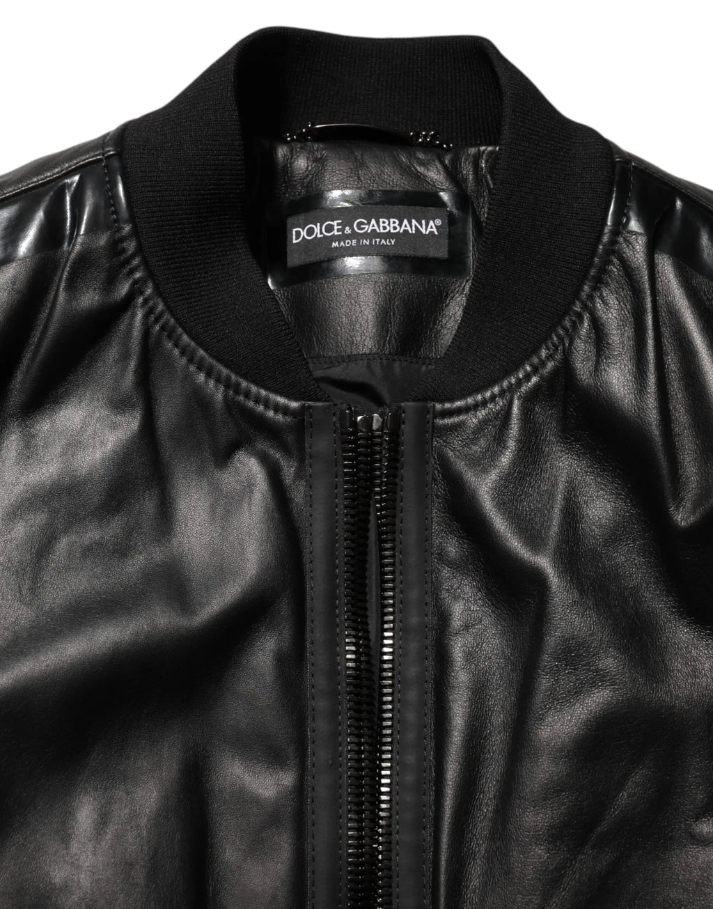 Blouson dolce & gabbana noir en cuir et nylon avec fermeture éclair centrale et col côtelé