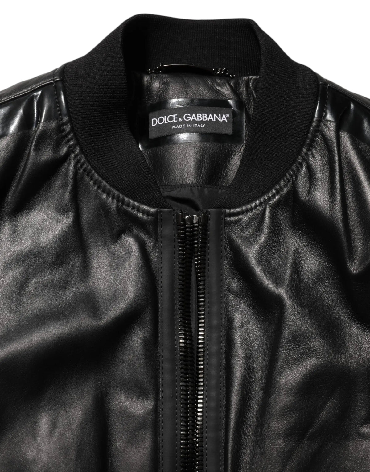 Blouson dolce & gabbana noir en cuir et nylon avec fermeture éclair centrale et col côtelé