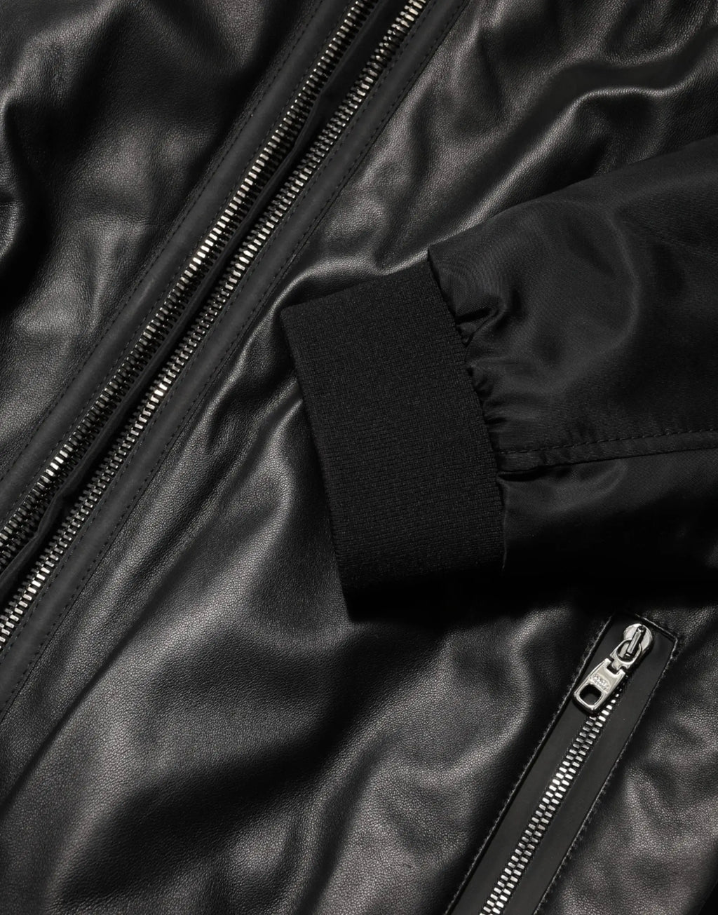 Dolce & gabbana blouson noir en nylon et cuir avec fermeture éclair intégrale et poignets côtelés en faux cuir noir