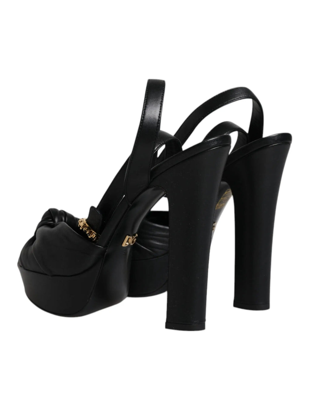 Sandales à talons plateforme en cuir noir dolce gabbana avec finition brillante et détails dorés