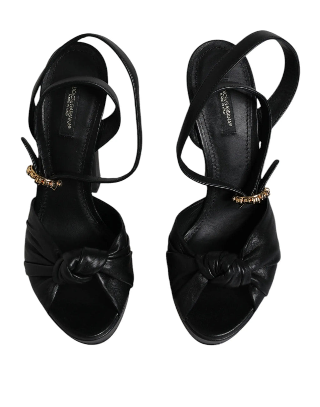 Dolce & gabbana sandales à talons plateformes en cuir noir avec front noué et ornements dorés