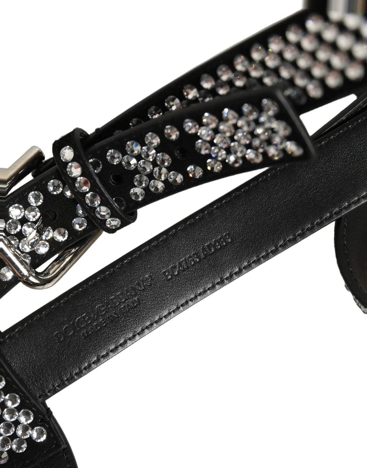 Black leather belt with sparkling clear rhinestones along length and buckle for dolce & gabbana men suspenders
