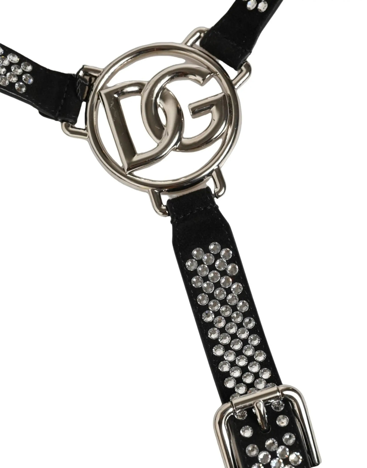 Dolce & Gabbana suspender homme noir en cuir avec boucle dg argentée et strass embellis