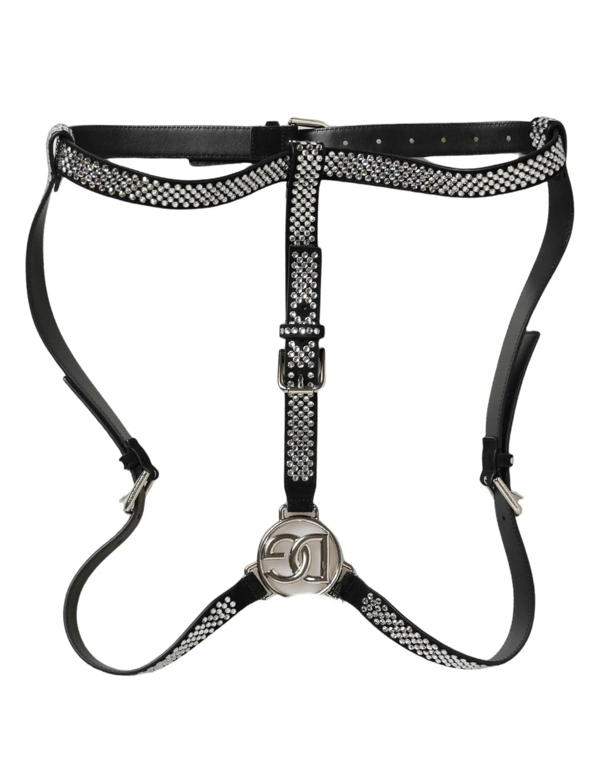 Suspensoir pour homme dolce & gabbana en cuir noir orné de strass argentés avec logo métallique central