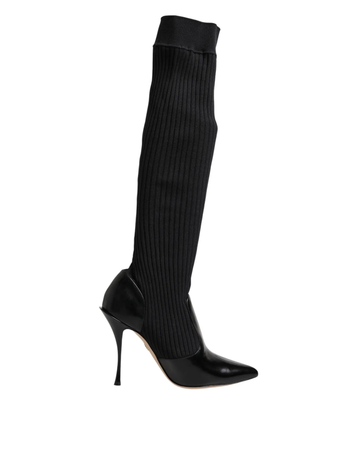 Dolce & Gabbana bottes noires en cuir avec tige en maille côtelée et bout et talon en cuir verni