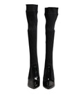 Dolce & gabbana bottes noires montantes en cuir côtelé avec talons pointus en cuir verni