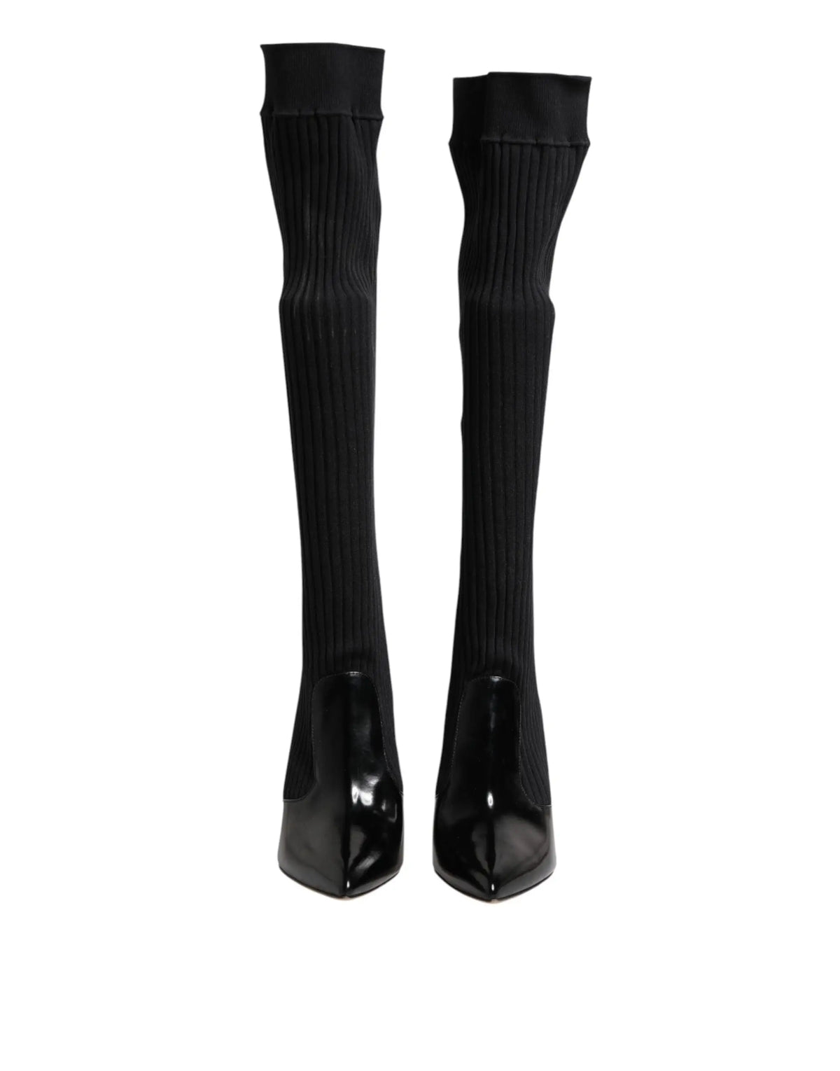 Dolce & gabbana bottes noires montantes en cuir côtelé avec talons pointus en cuir verni
