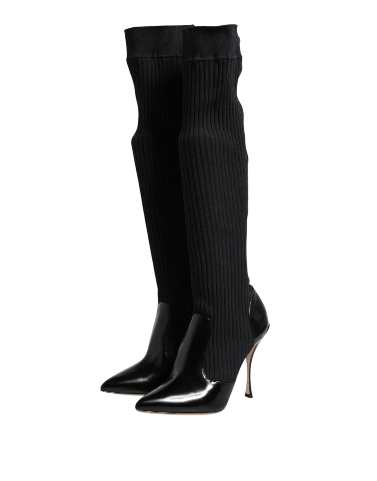 Dolce & gabbana bottes genou noir cuir avec tige côtelée en tricot et bouts en cuir verni