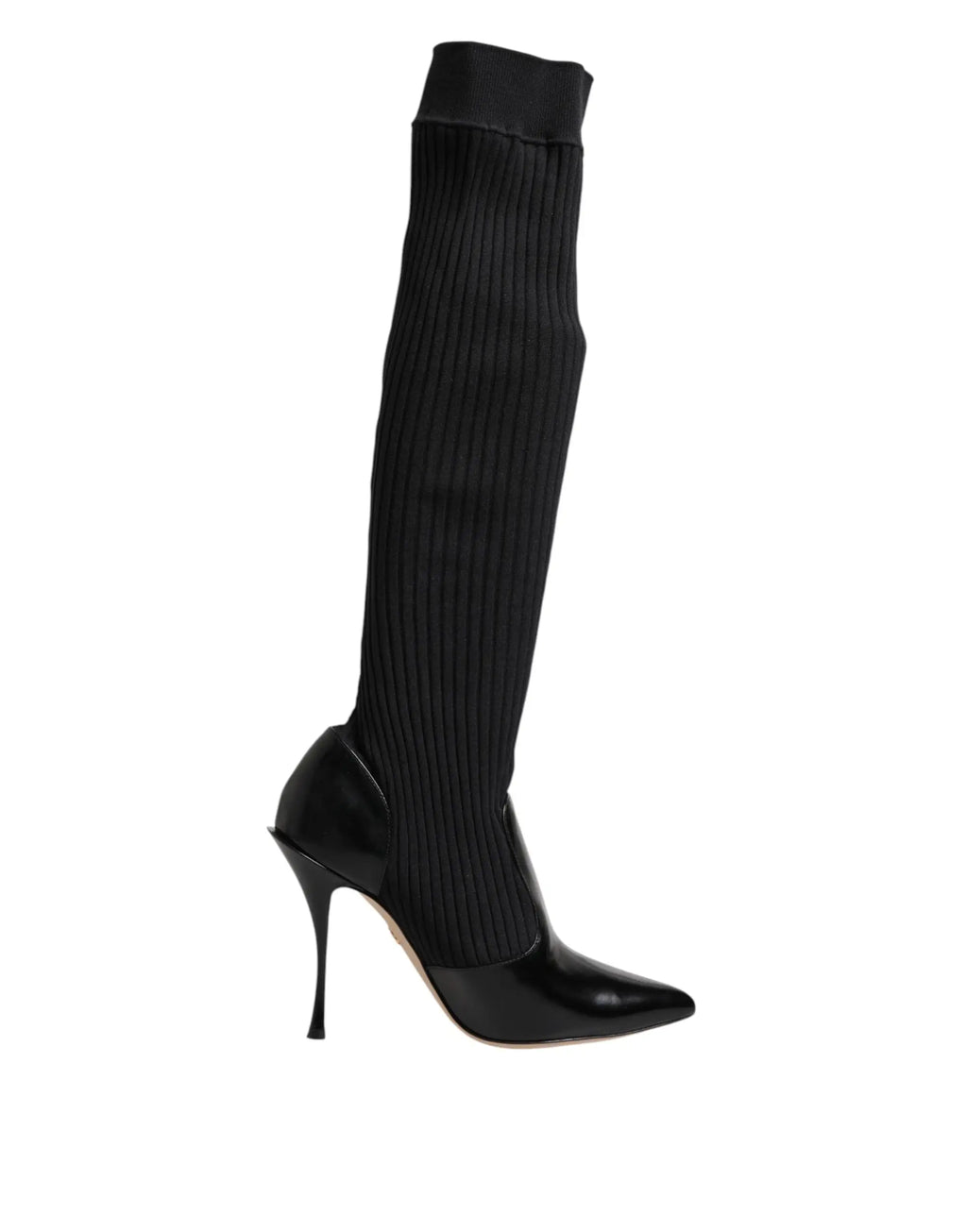 Dolce & gabbana black leather ribbed knit over-the-knee boots with patent leather toe cap and heel