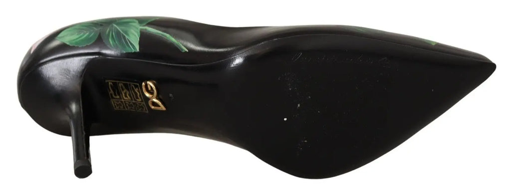 Talons hauts dolce & gabbana en cuir noir avec finition brillante et motif feuille verte sur le talon vue arrière