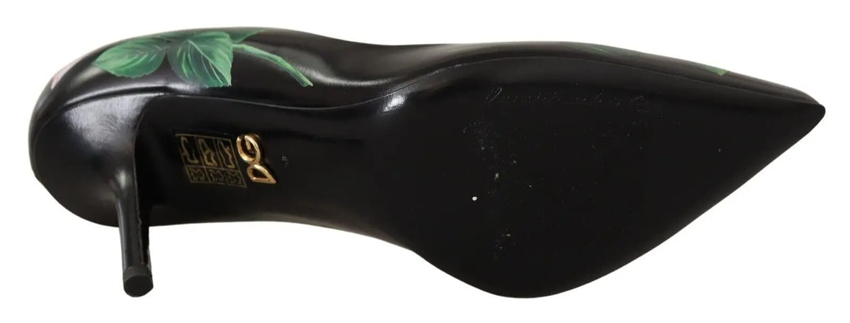 Talons hauts dolce & gabbana en cuir noir avec finition brillante et motif feuille verte sur le talon vue arrière