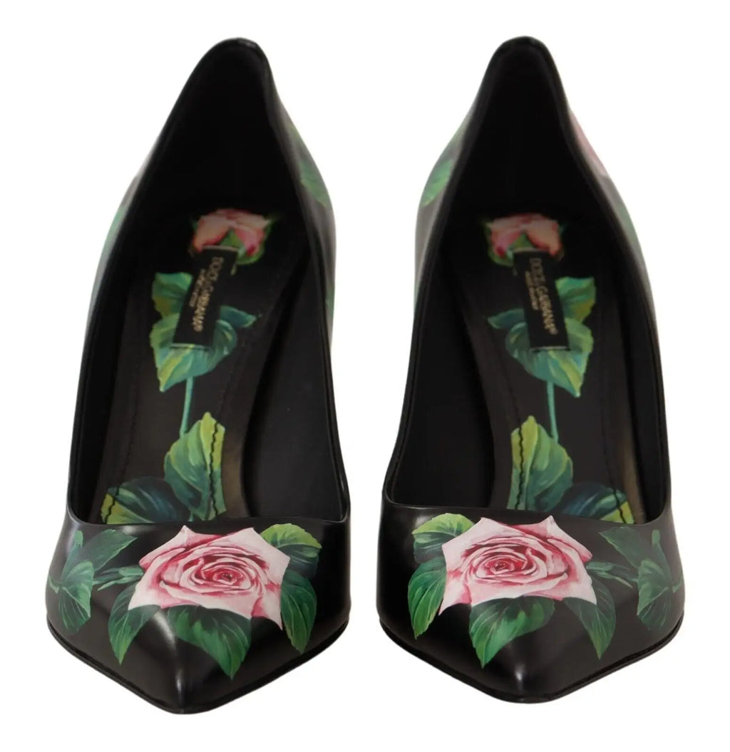 Dolce & Gabbana escarpins noirs en cuir à talons hauts avec fini brillant et imprimé de roses roses vibrantes