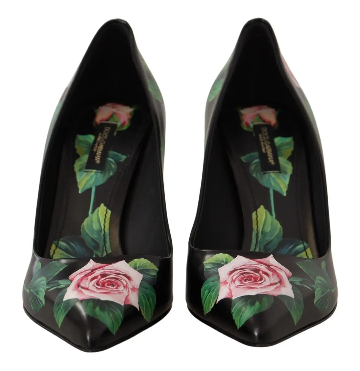 Dolce & Gabbana escarpins noirs en cuir à talons hauts avec fini brillant et imprimé de roses roses vibrantes