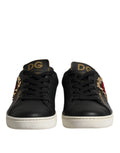 Dolce & gabbana sneakers en cuir noir avec détails floraux brodés rouges et dorés sur les côtés