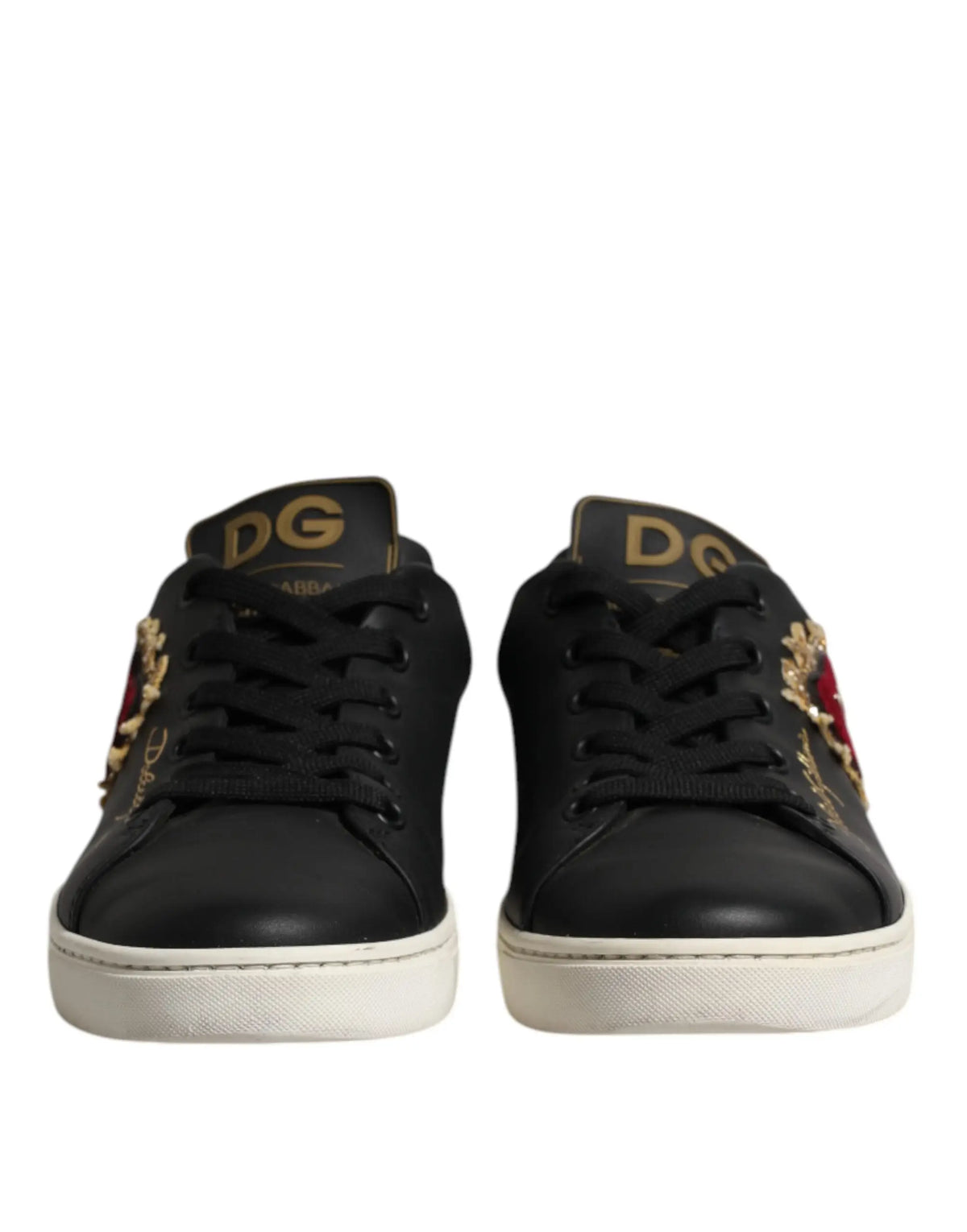 Dolce & gabbana sneakers en cuir noir avec détails floraux brodés rouges et dorés sur les côtés