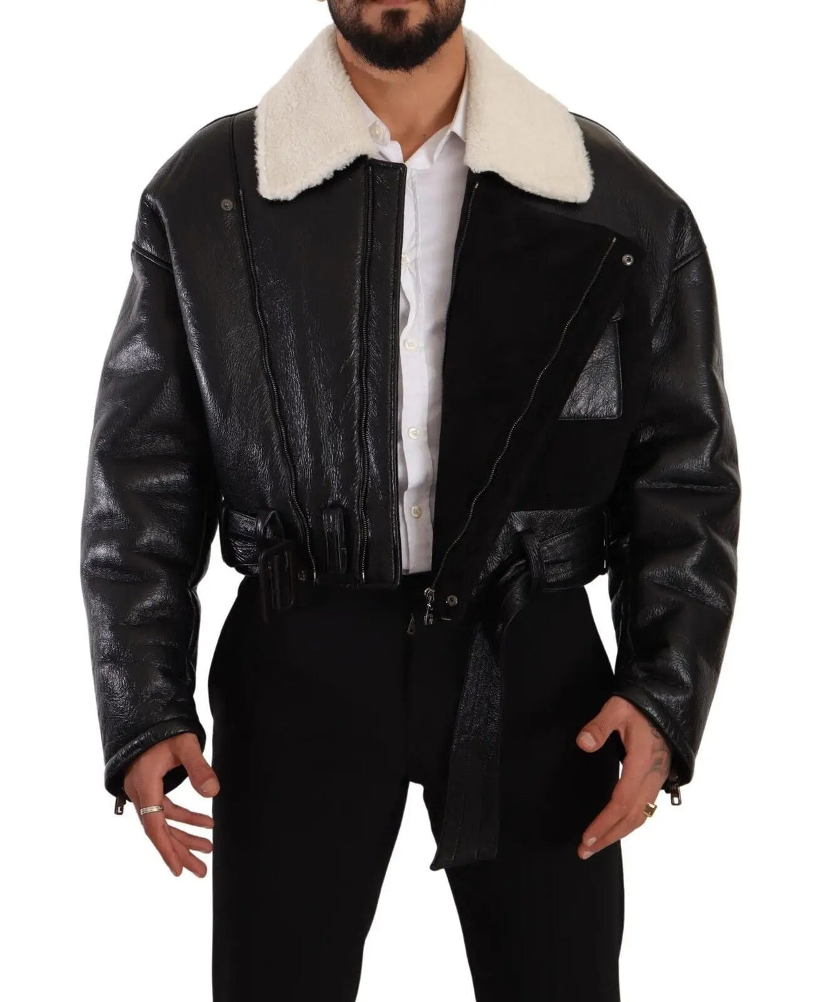 Dolce & gabbana veste motard en cuir noir avec col en shearling blanc et fermeture éclair asymétrique