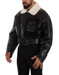 Dolce & Gabbana veste biker en cuir noir avec col en shearling blanc et ceinture assortie noire