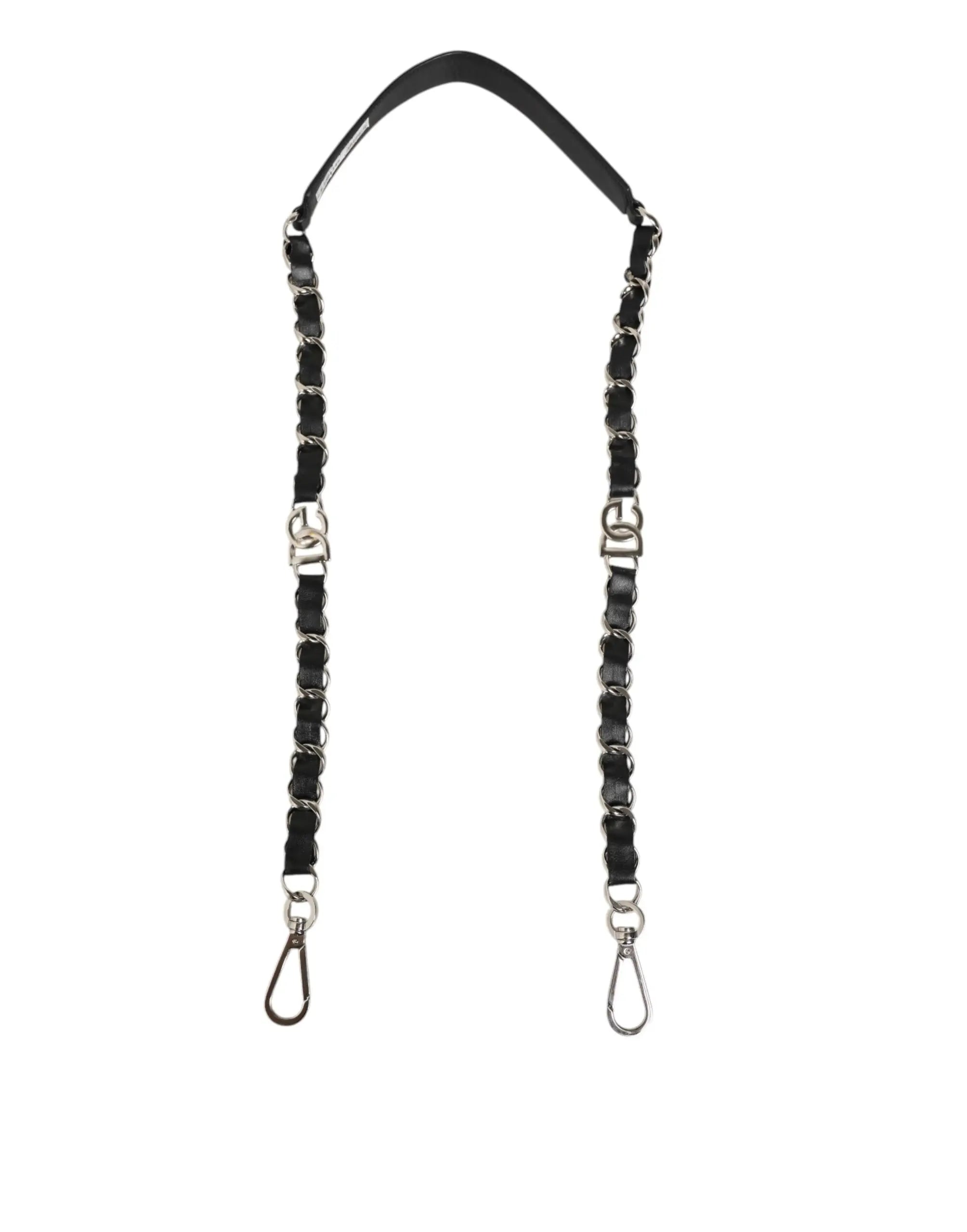 Dolce & gabbana black leather shoulder strap with silver chain and interlocking dg logo accents for bag accessory