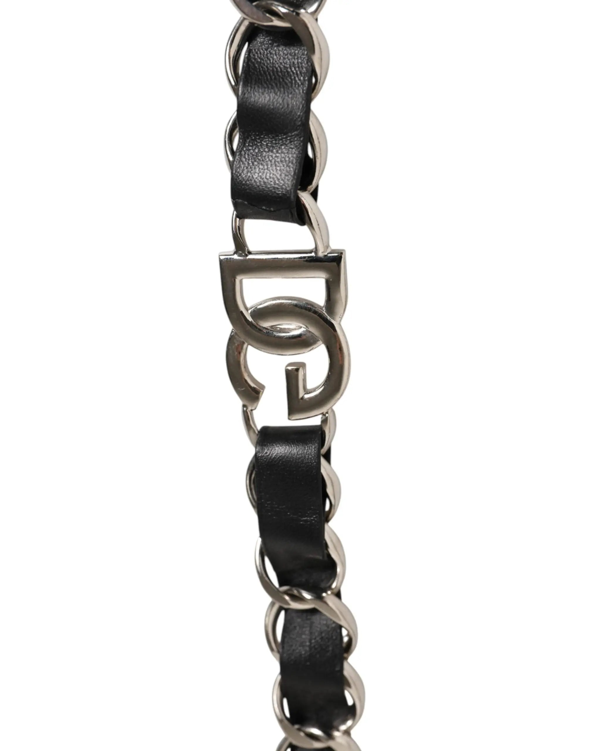 Bracelet dolce & gabbana en cuir noir avec chaîne argentée et fermoir logo entrelacé pour sac à épaule
