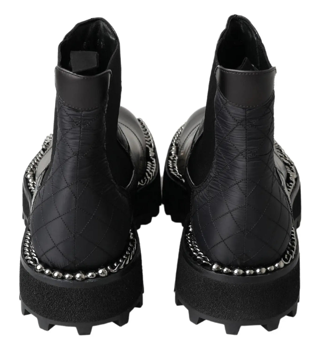 Dolce & gabbana bottines chelsea noires en cuir matelassé avec chaîne argentée et perles sur semelle épaisse