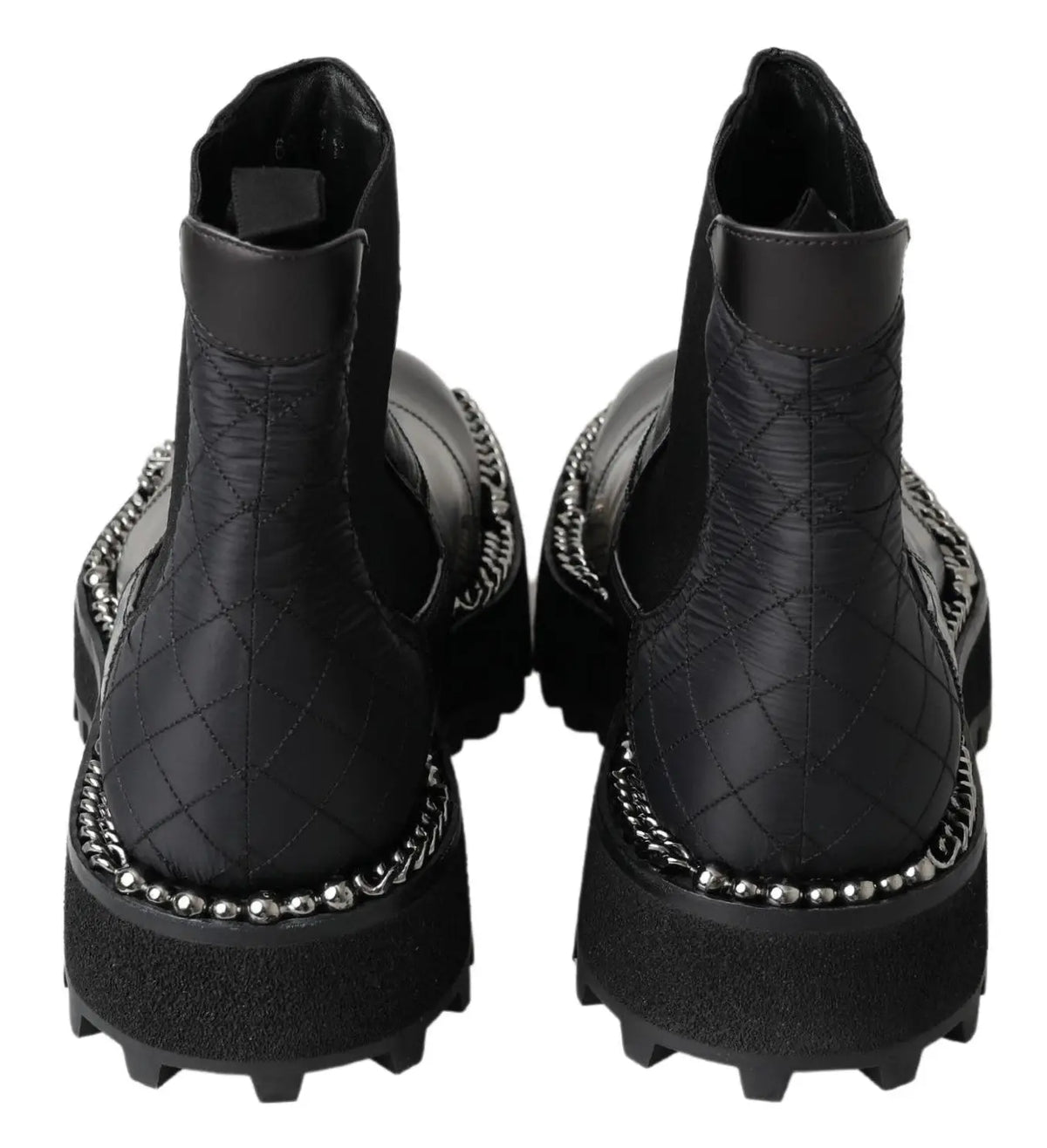 Dolce & gabbana bottines chelsea noires en cuir matelassé avec chaîne argentée et perles sur semelle épaisse