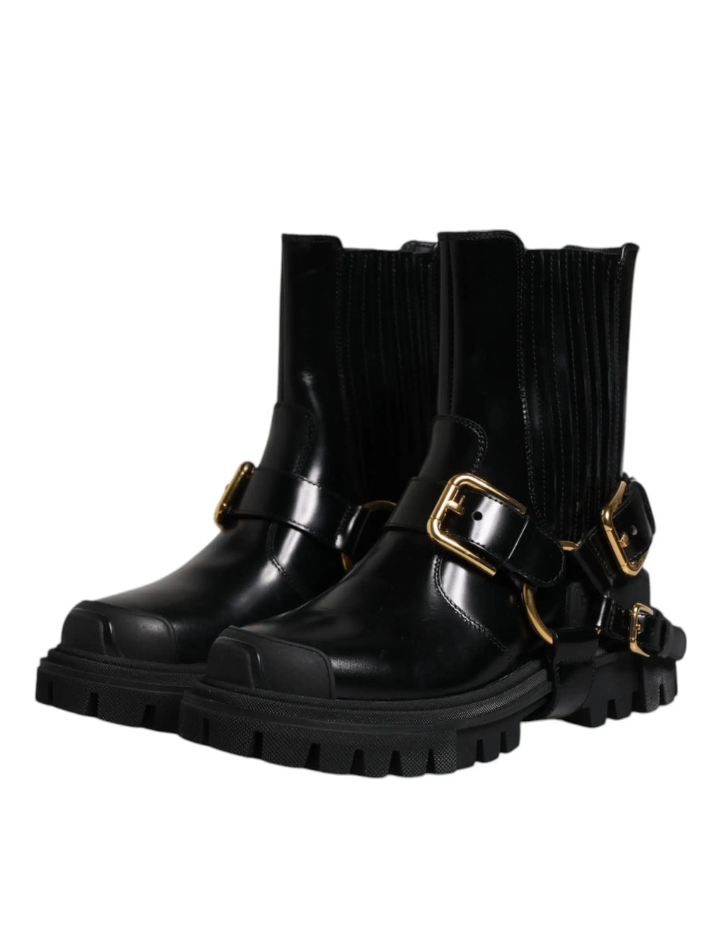 Dolce & gabbana bottines chelsea noires en cuir verni avec boucle dorée et semelle épaisse en caoutchouc