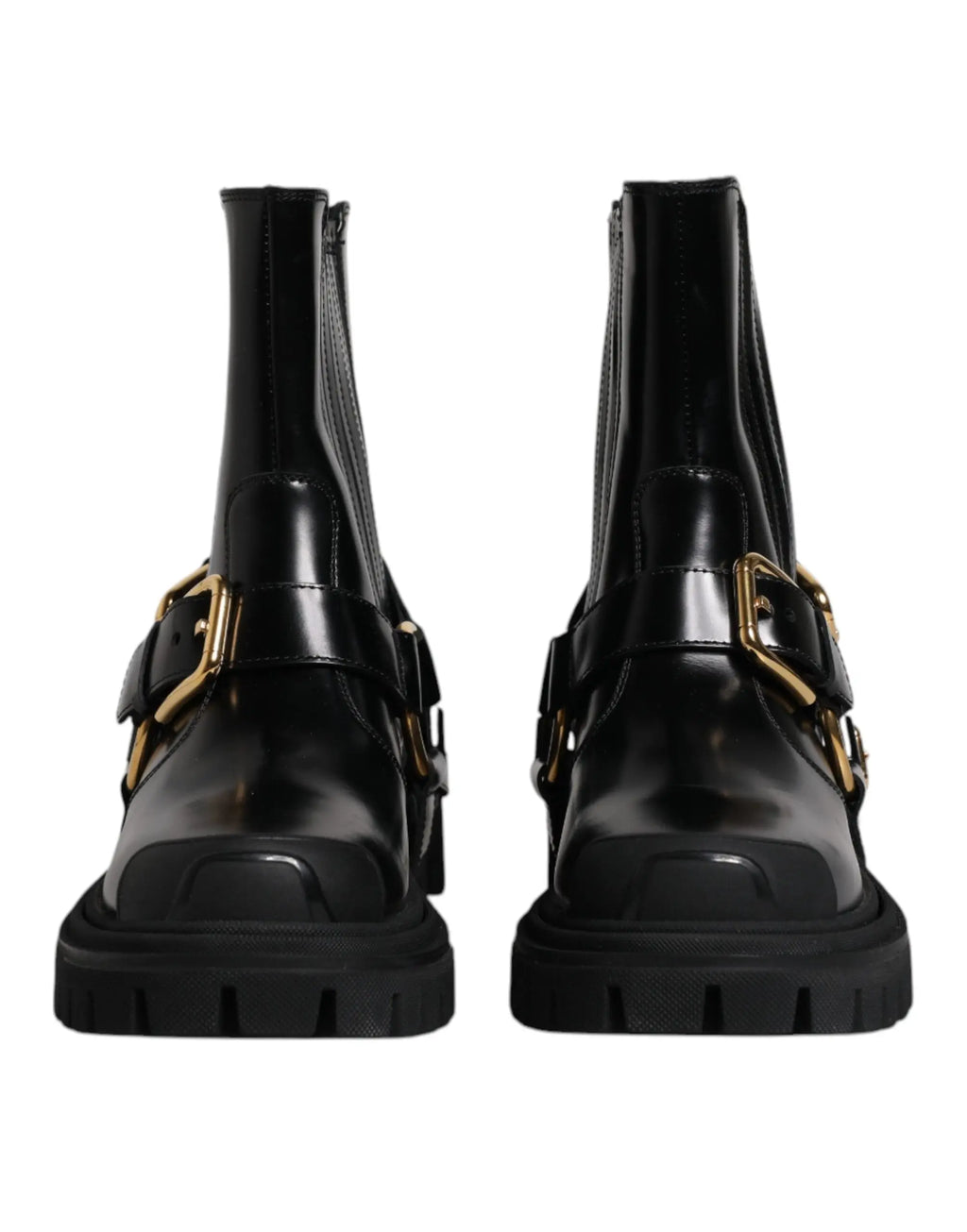 Dolce & gabbana bottes trekking en cuir noir verni avec boucles dorées et semelles en caoutchouc épaisses