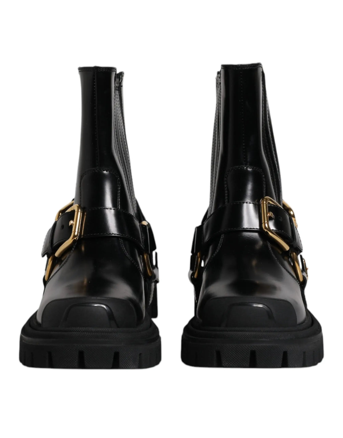 Dolce & gabbana bottes trekking en cuir noir verni avec boucles dorées et semelles en caoutchouc épaisses