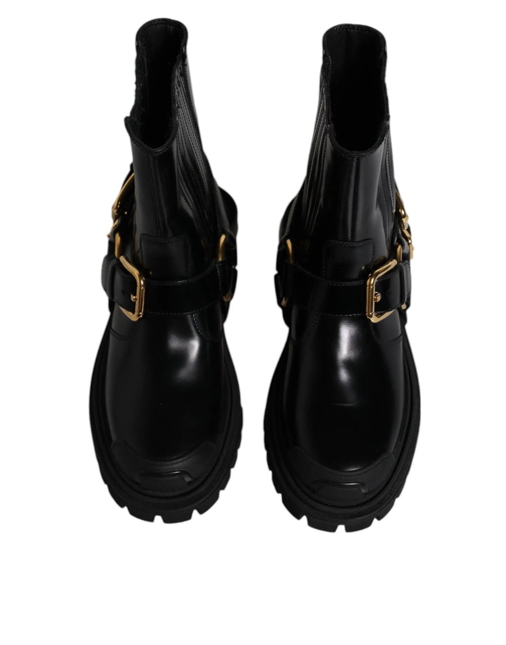 Dolce & gabbana bottines chelsea en cuir verni noir avec brides à boucles dorées et semelles épaisses
