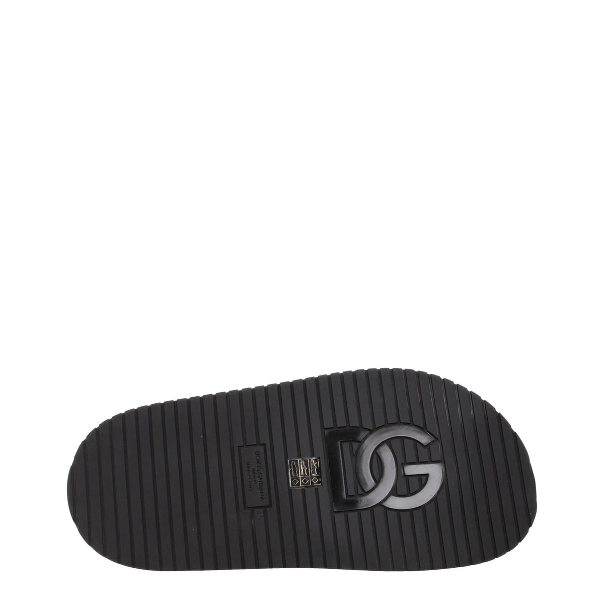Semelle extérieure noire en caoutchouc texturée avec logo dg argenté embossé sur des mules en cuir dolce gabbana