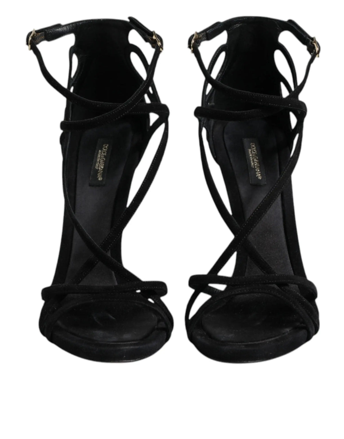 Dolce & gabbana sandales talons aiguilles en cuir noir avec brides croisées en suède et boucles métalliques
