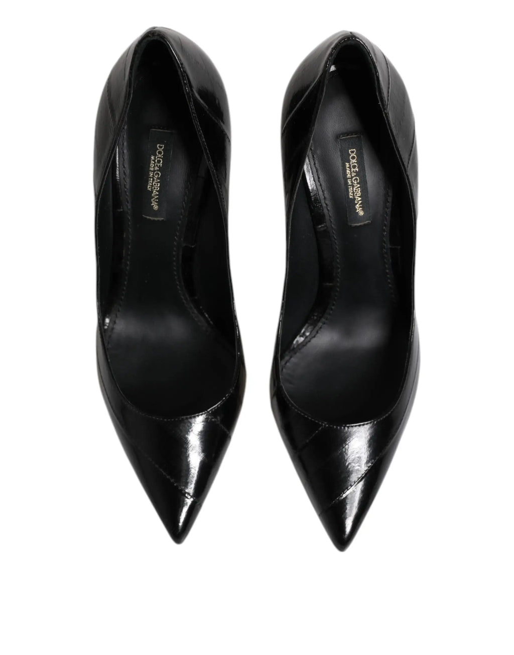 Dolce & gabbana escarpins stiletto noirs en cuir verni avec bouts pointus et détails matelassés