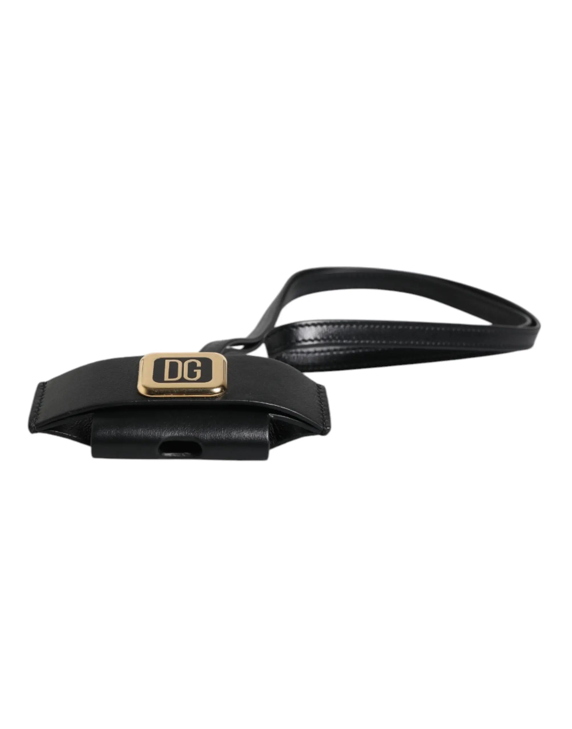 Black leather dolce and gabbana phone strap with gold metal logo plaque for airpods case