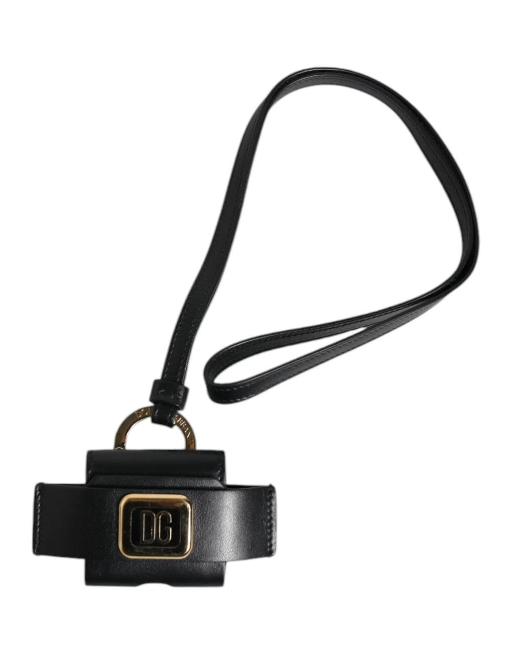 Bracelet de téléphone en cuir noir dolce & gabbana avec plaque logo dg en métal doré et bracelet de poignet ajustable