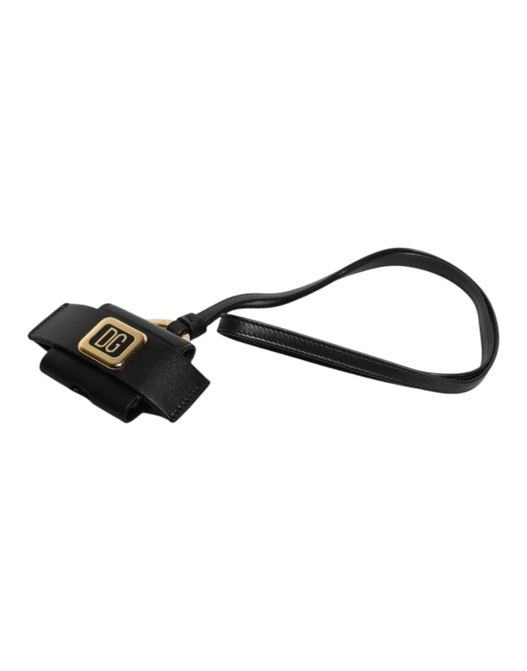 Bracelet en cuir noir dolce & gabbana avec plaque logo métallique doré pour étui airpods