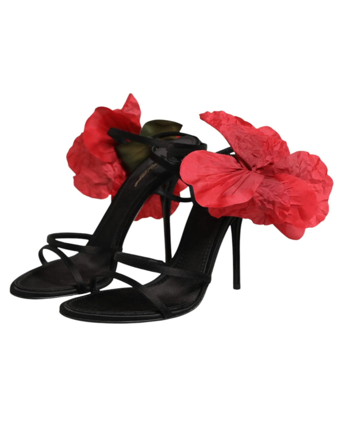 Dolce & Gabbana sandales à talons en cuir noir avec larges fleurs rouges en tissu en satin