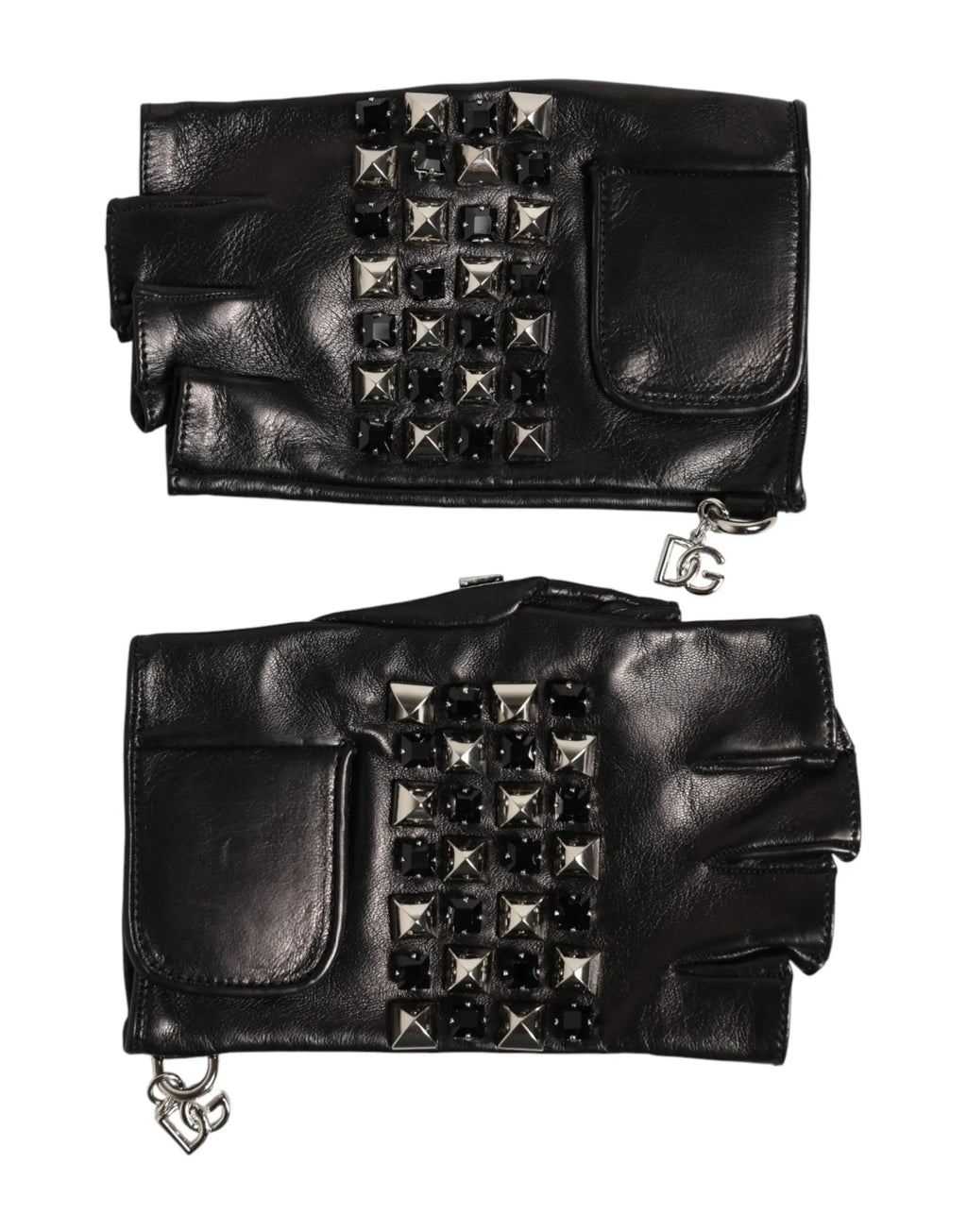 Gants mitaines homme dolce gabbana en cuir noir cloutés avec poche zippée et pendentif logo dg, vue dos