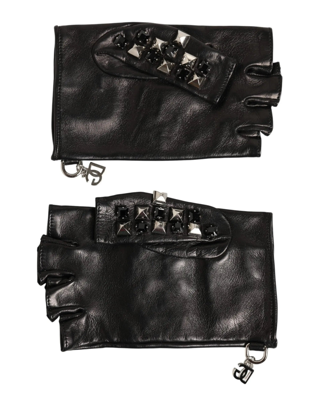 Gant mitaine sans doigts noir en cuir dolce & gabbana orné de patch décoratif à clous noirs et argentés, vue dos