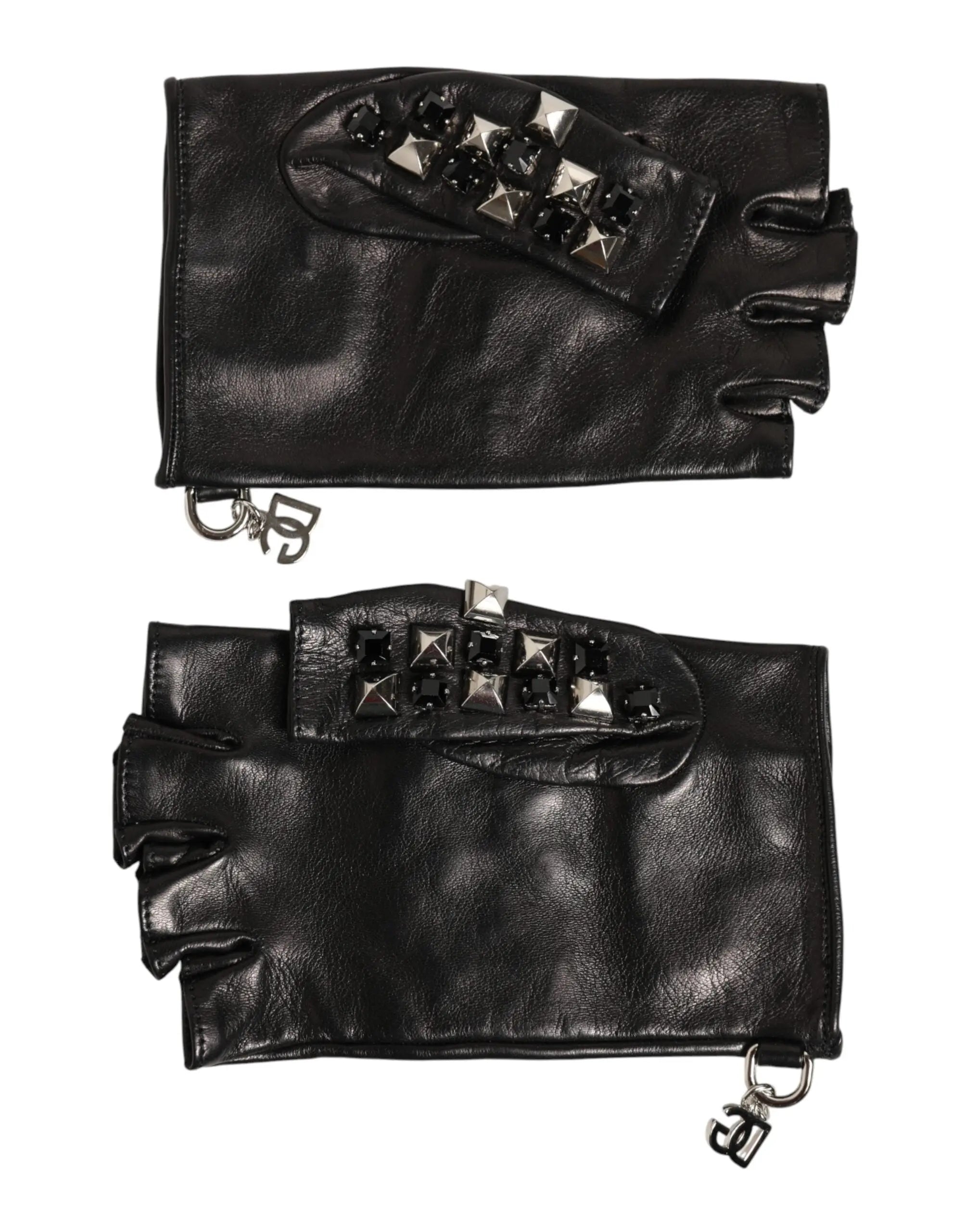 Gant mitaine sans doigts noir en cuir dolce & gabbana orné de patch décoratif à clous noirs et argentés, vue dos