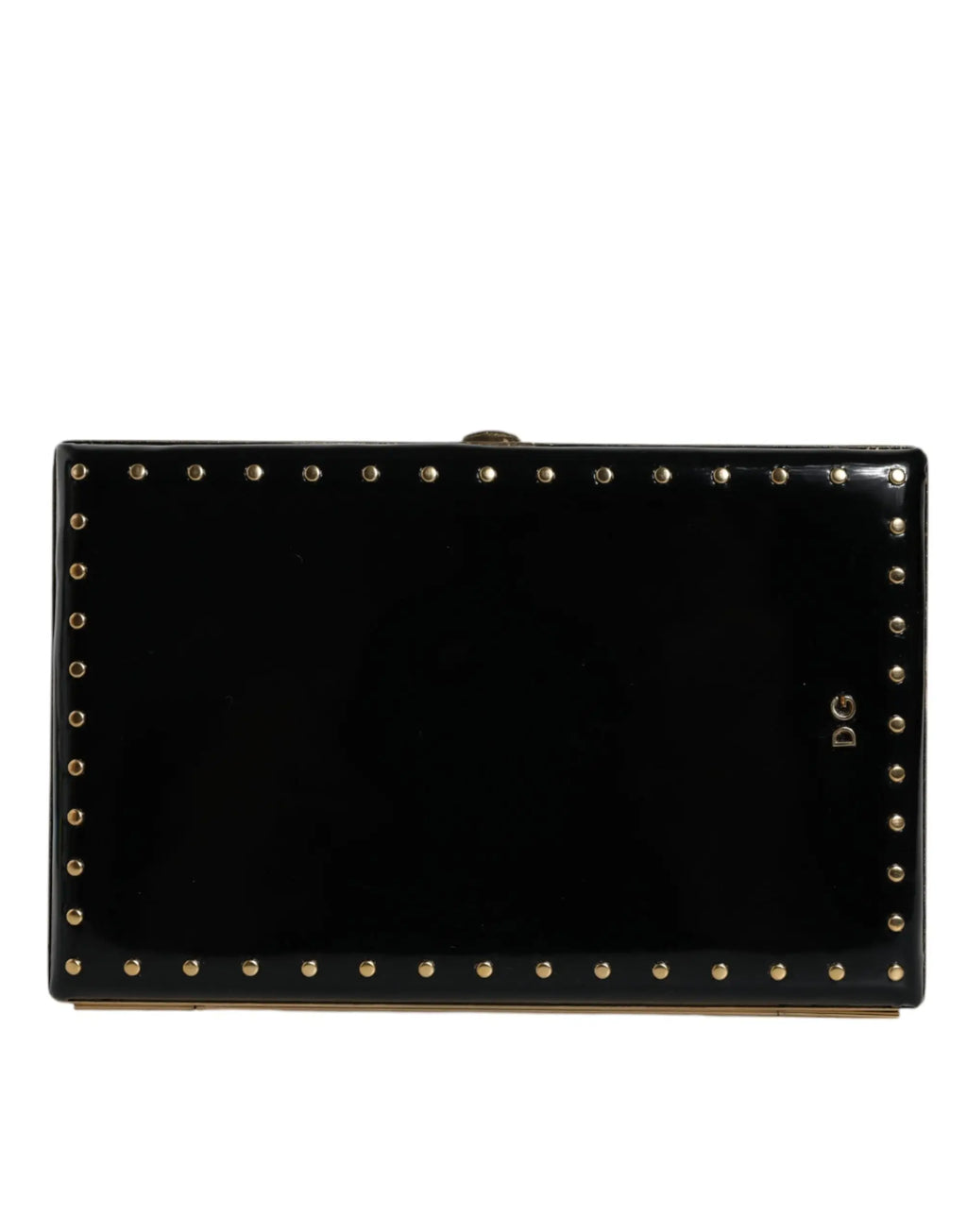 Pochette de soirée dolce & gabbana en cuir noir brillant avec clous dorés et logo dg sur le côté