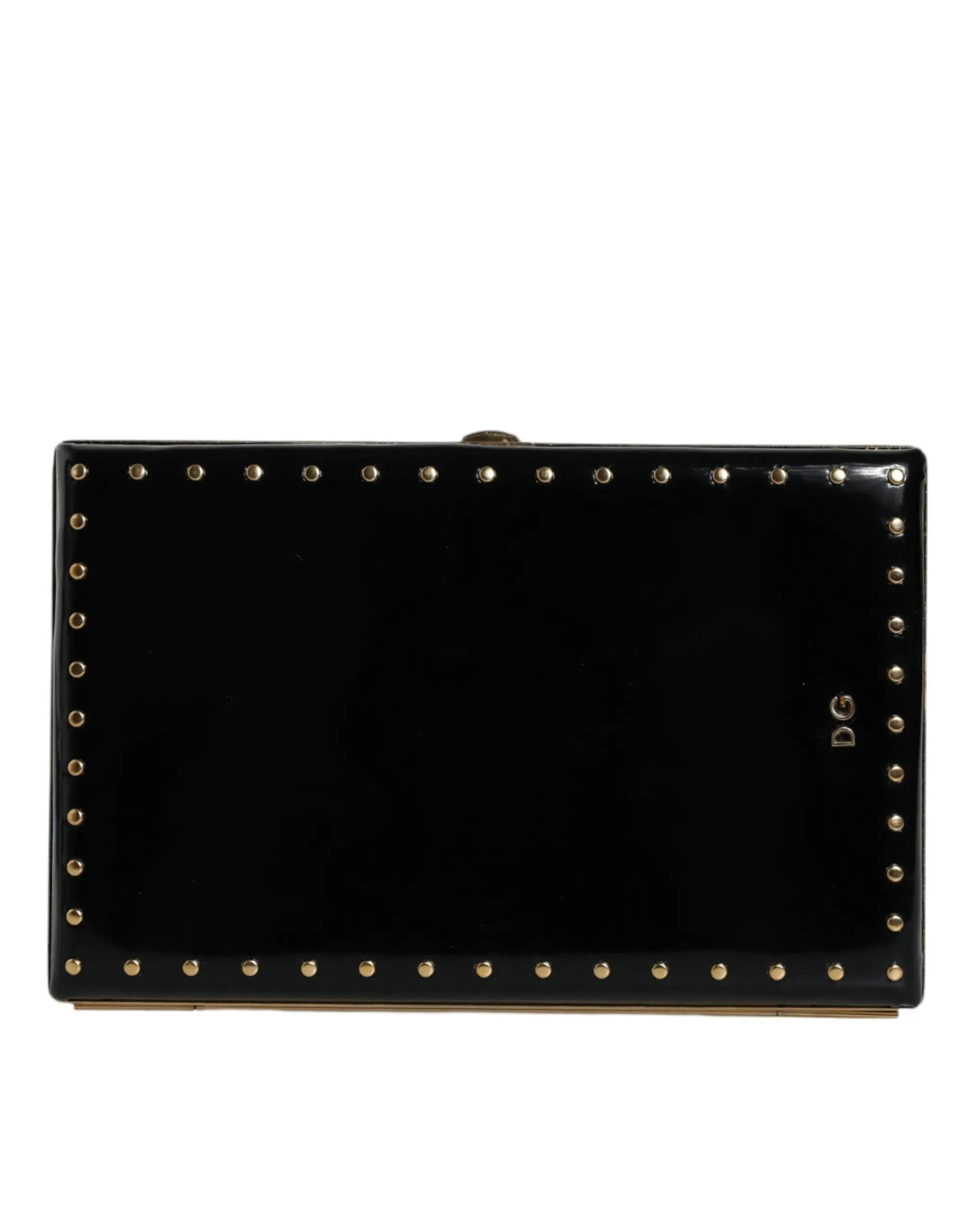Pochette de soirée dolce & gabbana en cuir noir brillant avec clous dorés et logo dg sur le côté