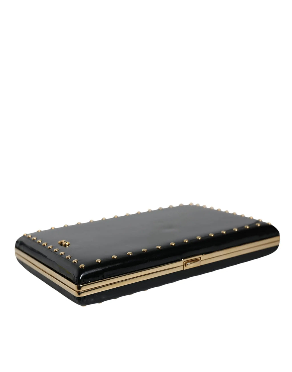Dolce & gabbana clutch noire en cuir verni avec clous dorés et fermoir métallique pour soirée