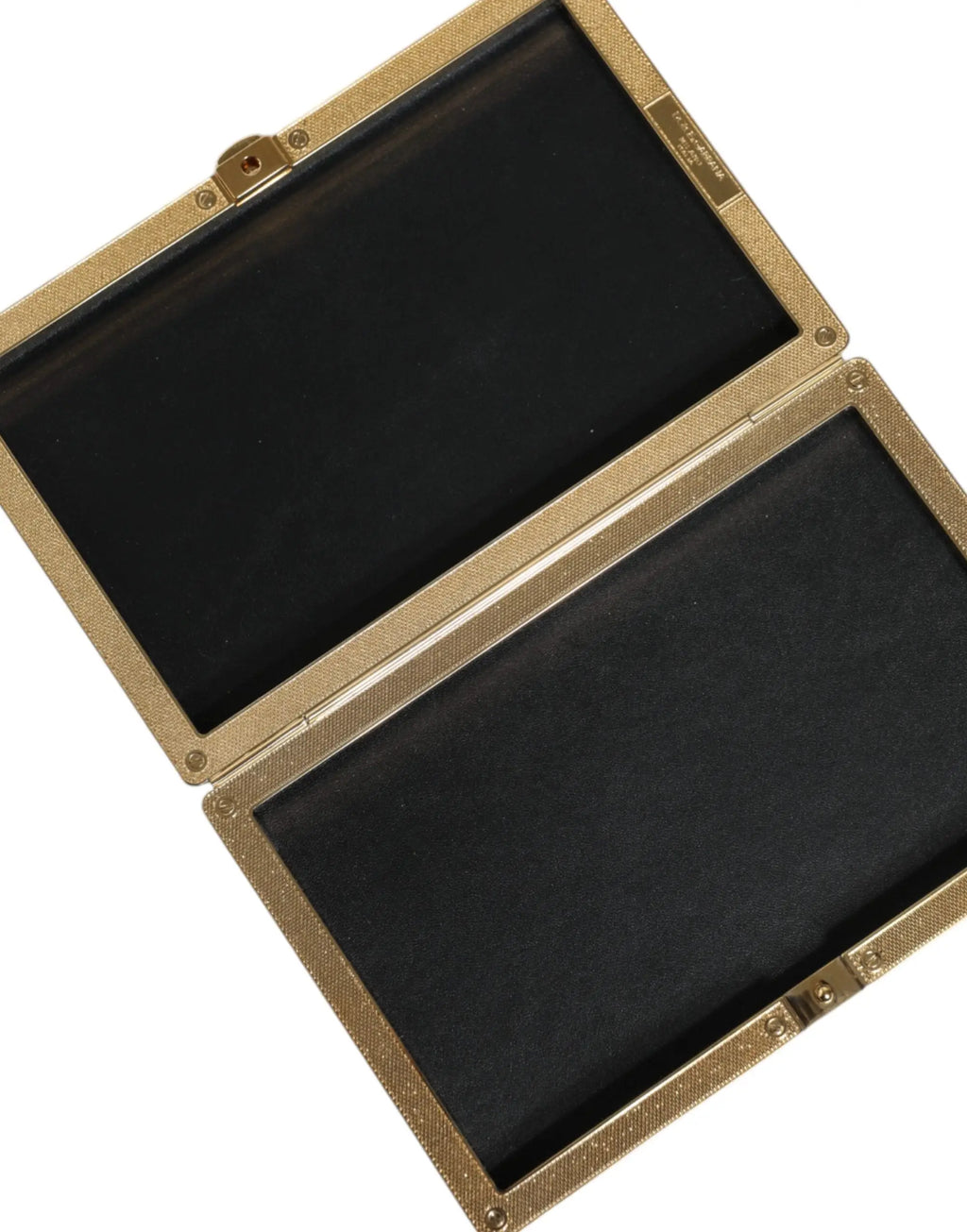 Étui or texturé avec intérieur velours noir et plaque gravée pour pochette soirée dolce & gabbana cuir noir clous dorés
