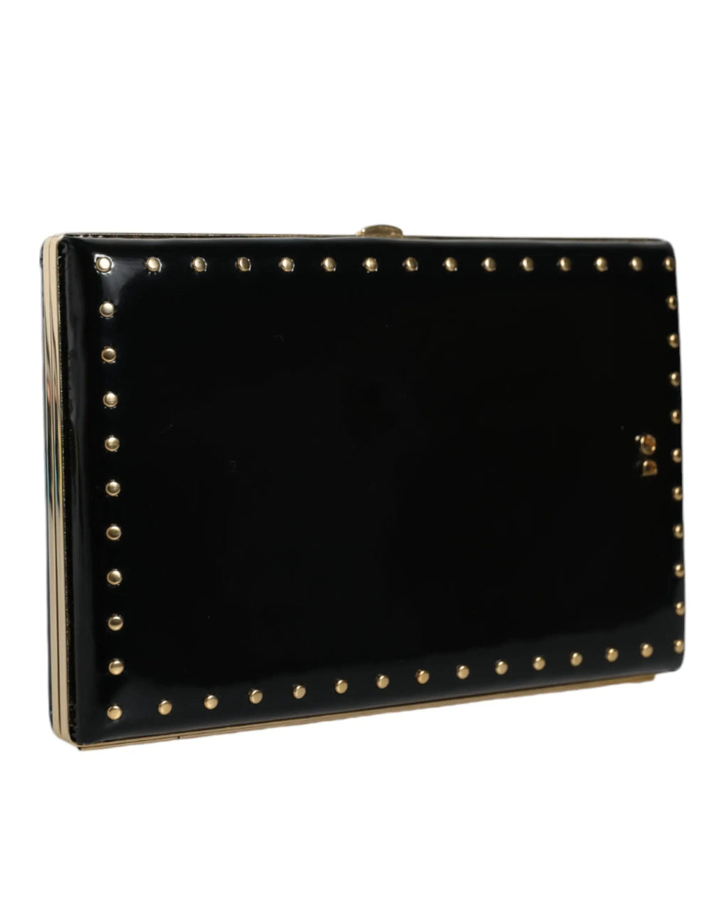 Dolce & gabbana clutch noir en cuir verni avec studs dorés et fermoir métallique pour soirée