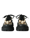 Dolce & gabbana derby trekking noir en cuir avec lacets orné de perles blanches et perles dorées