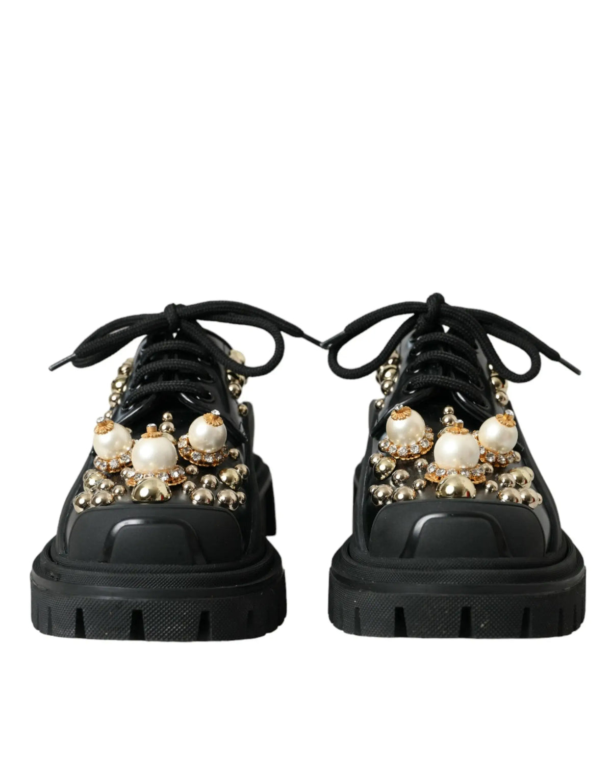 Dolce & gabbana derby trekking noir en cuir avec lacets orné de perles blanches et perles dorées