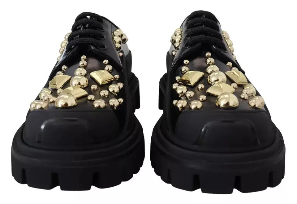 Dolce & gabbana chaussures derby trekking noires en cuir à plateforme avec studs dorés et embellissements géométriques