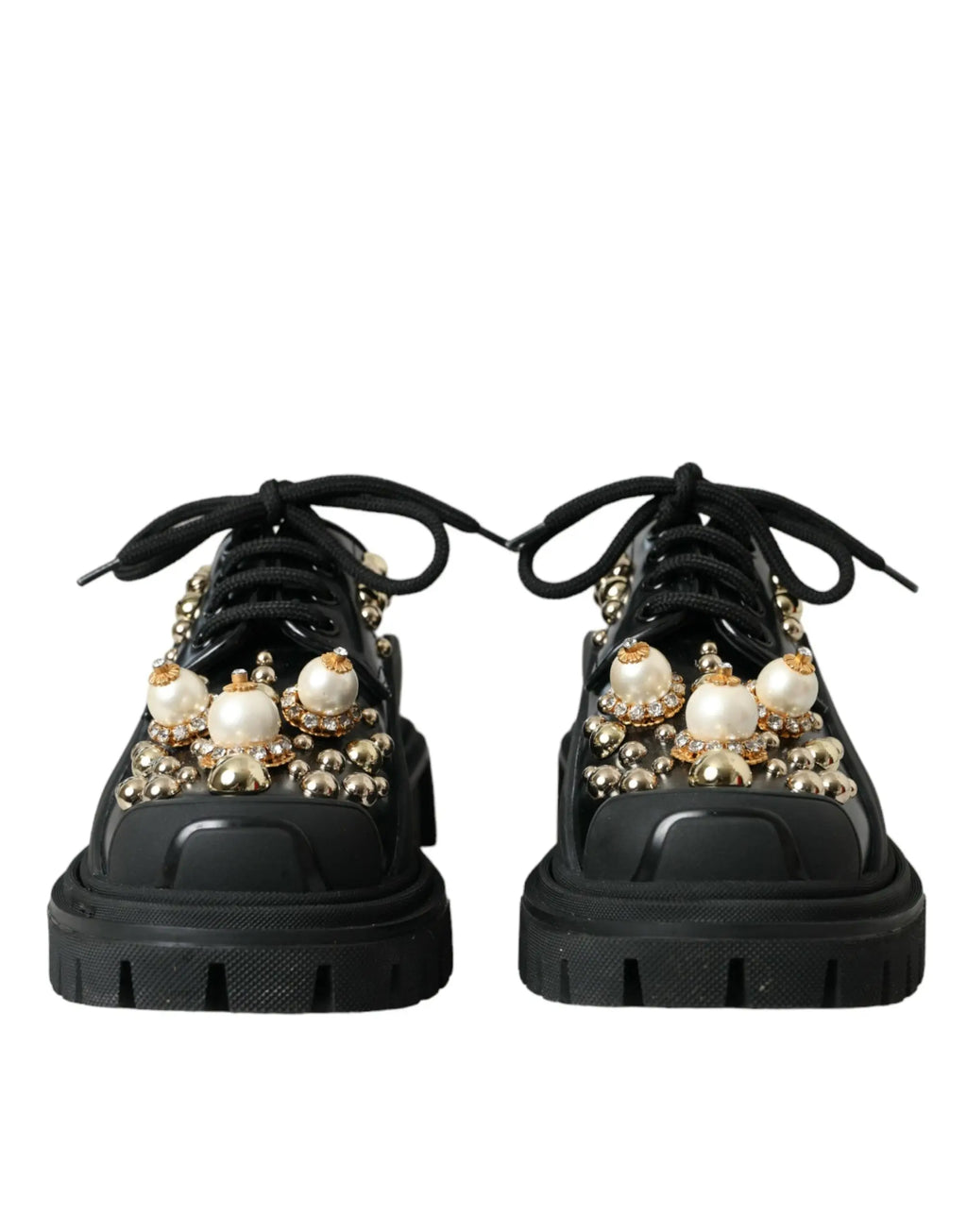 Dolce & gabbana chaussures derby en cuir noir à plateforme avec lacets ornées de perles blanches et perles dorées