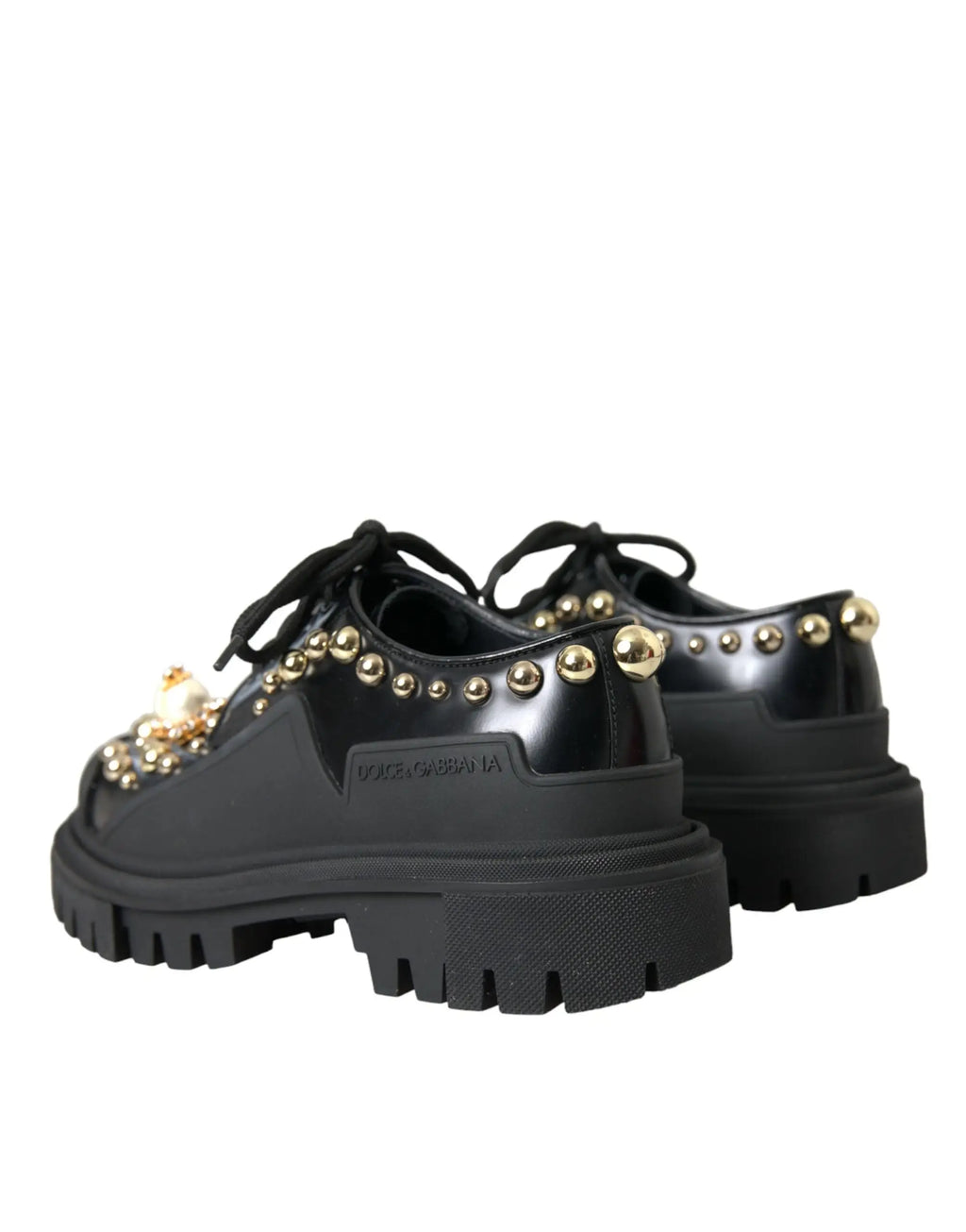 Dolce & gabbana chaussures derby noires en cuir avec plateforme, clous dorés et perle décorative au bout